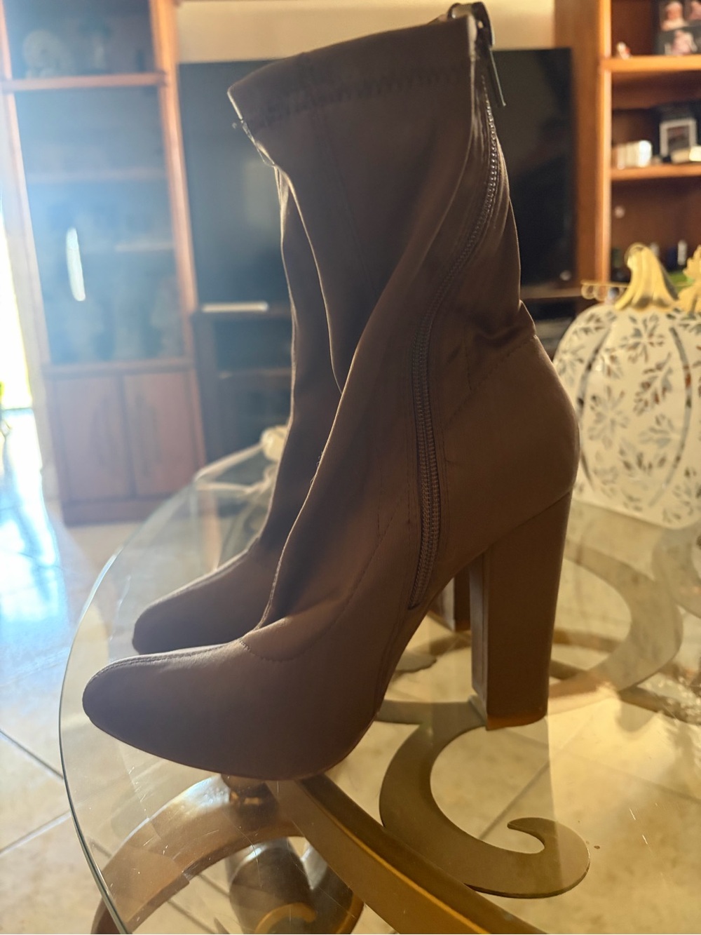 Brown High Block Heel Sock Boot